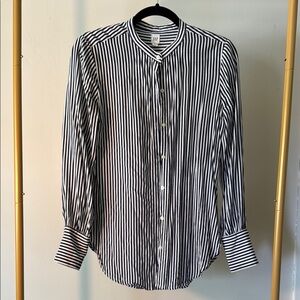 Navy Blue and White Striped Button Up
